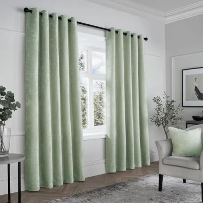 Image of Curtina Sage Green Woven Curtains W90 x L90 (229 229cm) Light Eyelet Textured Chenille in Luxury &amp; Drapes for Bedroom/Living Room Weave