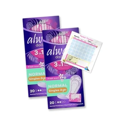 Image of Always Dailies Panty Liners Normal 40x Fresh Scent Pantyliners Go 3 in 1 Singles Individually Wrapped Odour Neutralising Comfort Pack of 2X 20 Including Jaspem Period Tracker