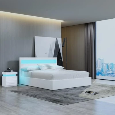 Image of White Bed Frame with Storage, Faux Leather LED Headboard, Modern Ottoman Gas Lift Storage 5FT King, for Bedroom Furniture
