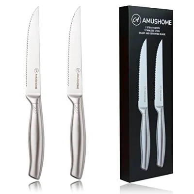 Image of AMUSHOME Steak Knives Set of 2 Stainless Steel Serrated Kitchen Knife Ergonomic Non Slip Handle, Rust Proof &amp; Scratch Resistant