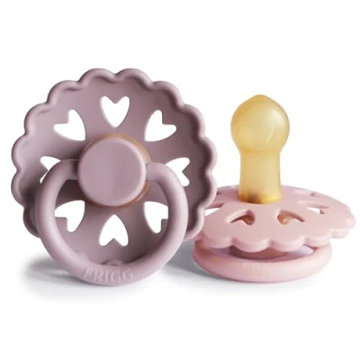 Image of FRIGG Fairytale Latex Pacifier Pack of 2 Natural Rubber Soother Dummy BPA Free Made in Denmark Symmetrical Cherry Shaped Nipple (Twilight Mauve/Primrose, Size 1 (0 6 Months))