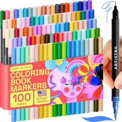 Image of ARTISTRO Dual Tip Markers 100 Coloring Brush &amp; 0.4mm Fineliner Pens for Adults, Bullet Journal Pens, Adult Books No Bleeding