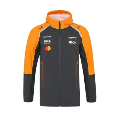 Image of McLaren F1 Team Waterproof Rain Jacket, Official 2025 Season, Grey and Orange (UK, Alpha, S, Regular, Grey)