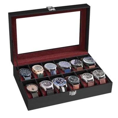 Image of SONGMICS Watch Box with 12 Slots, Case Glass Lid, Display Removable Pillows, Metal Clasp, Gift Idea, Black Synthetic Leather, Wine Red Lining JWB120R01