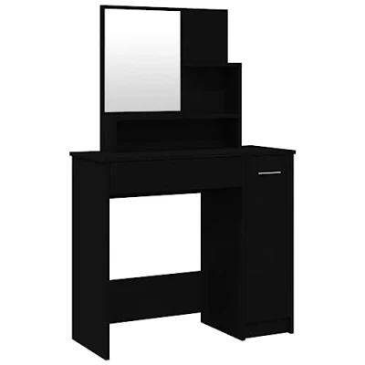 Image of vidaXL Dressing Table with Mirror in Black Engineered Wood Vanity Ample Storage Versatile Bedroom Furniture Elegant Design