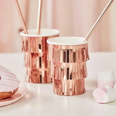 Image of Ginger Ray Fringe Rose Gold Party Paper Cups 8 Pack Mix