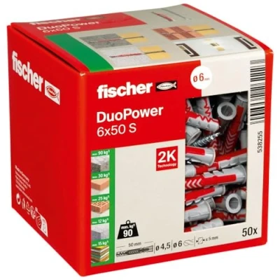 Image of Fischer DuoPower 6 x 50 S, Powerful Universal Plug with Safety Screw, Intelligent 2 Component Technology for fastenings in Concrete, Bricks, Stone, Gypsum plasterboard, etc., Plugs &amp; Screws