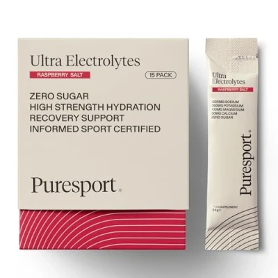 Image of Puresport Ultra Electrolytes (Raspberry Salt/15 Sachets) Science Backed Powder Designed to Support Optimal Hydration Zero Sugar or Artificial Sweeteners Informed Sport Certified