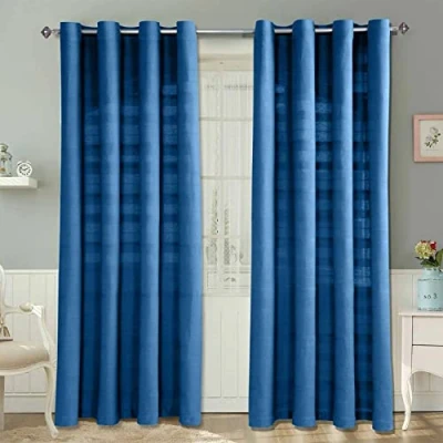 Image of HOMESCAPES Blue Rajput Eyelet Curtain Pair 137cm (54&quot;) Wide x Drop 100% Cotton Ring Top Plain Curtains