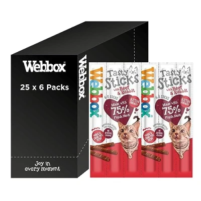 Image of Webbox Tasty Sticks Cat Treats, Beef and Rabbit Kitten Friendly, Wheat Grain Free, No Artificial Colours (25 x 6 Packs)