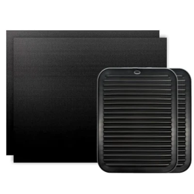 Image of SPARES2GO Oven Liner Non Stick (2 Pack) Large Universal Teflon Baking Mat Bottom Cooker Protector Heavy Duty Clean Fan Assisted Liners (40 x 50 cm) + 2 Silicone Trivets