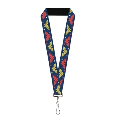 Image of DC Comics Lanyard, Wonder Woman WW Logo Flip and Stars Blue Red Gold, Elastic, Blue, 44&quot; x 1&quot;