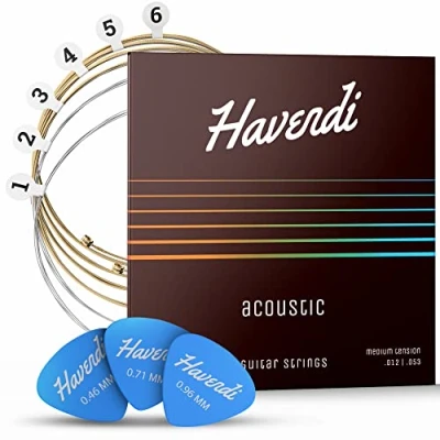 Image of HAVENDI® guitar strings acoustic brilliant sound quality steel for coated with phosphor bronze (6 string set) incl. 3 picks