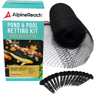 Image of AlpineReach Koi Pond Netting Kit 4.5m x 6m Black Heavy Duty Woven Fine Mesh Net Cover for Leaves Protects Fish from Blue Heron Birds Cats Predators UV Protection Reusable &amp; Stakes Included