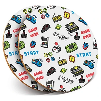 Image of 2 x Round Coasters Video Game Icons Gamer Online Cork Backed Home Kitchen Accessory Tea Coffee Mug Mat #8288