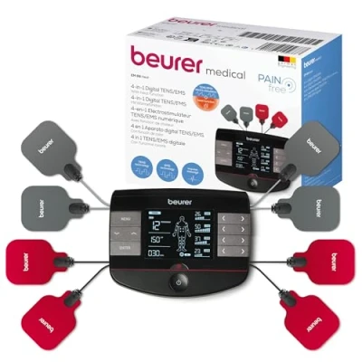 Image of Beurer EM89 Digital TENS/EMS Device with Heat Function, 4 in 1 Function for Pain Therapy, Muscle Stimulation, Massage and Separately Adjustable Channels, 8 electrodes &amp; Battery