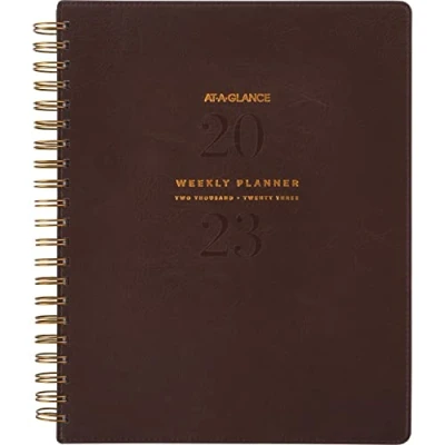 Image of AT A GLANCE 2023 Weekly &amp; Monthly Planner, 8 1/2&quot; x 11&quot;, Large, Spiral Bound, Tabs, Pocket, Signature, Brown (YP90509)