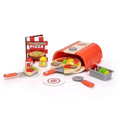 Image of Fat Brain Toys Pretendables Pizza Oven Set Pretend Play Kitchen with Oven, Peel, Slices, Toppings and Other Kids Accessories Food Learning for +3 Year Olds