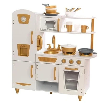 Image of KidKraft Modern White Toy Kitchen with Gold Accents and 27 Piece Cookware Accessory Set, Wooden Play Phone, Kids&#039; set Retro Fridge, 53445 Amazon Exclusive