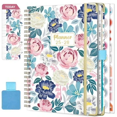 Image of Diary 2025 2026 Week to View A5 Academic July June (12 Months) Planner with Self adhesive pen loop, Ruler Bookmark &amp; Stickers (Pink)