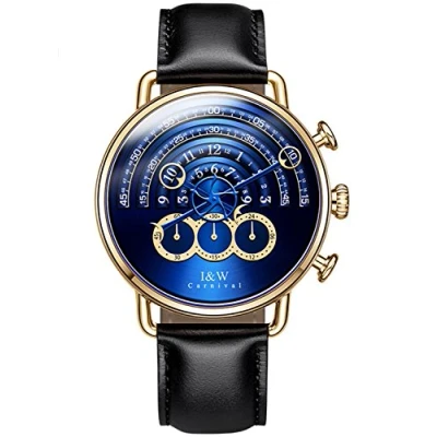 Image of Luxury Men&#039;s Big Dial Chronograph Sapphire Gold Stainless Steel Waterproof Quartz Black Leather Watches