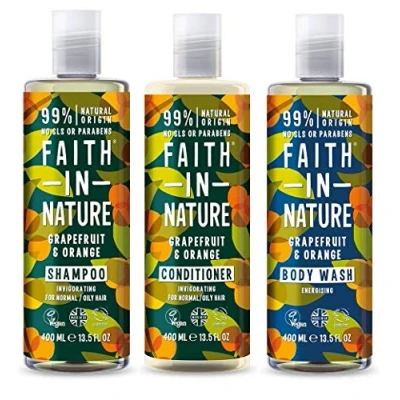 Image of Faith In Nature Grapefruit and Orange Shampoo, Conditioner Body Wash Trio Vegan Cruelty Free 99% Natural Fragrance From SLS or Parabens