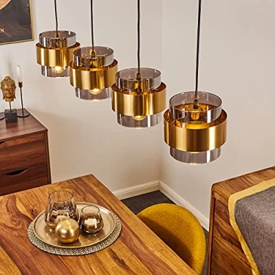 Image of Traak Pendant Light, 4 Flame Ceiling lamp Made of Metal in Black/Brass with Smoked Glass lampshades, Modern x E27, max. Height 116 cm, Without Bulbs