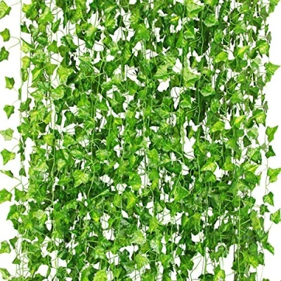Image of CQURE 12Pcs 84Ft Artificial Ivy Garland,Ivy Garland Fake Vines UV Resistant Green Leaves Plants Hanging for Wedding Party Garden Wall Room Decor