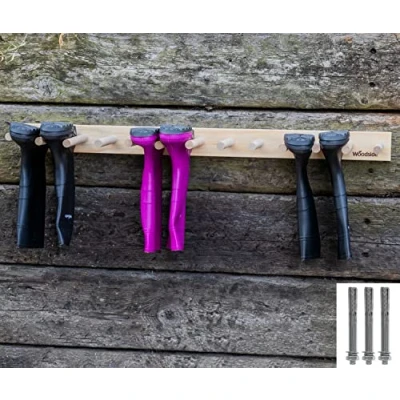 Image of Woodside Wall Mounted Boot Storage Rack, Wooden Wellington &amp; Riding Holder, 6 Pairs