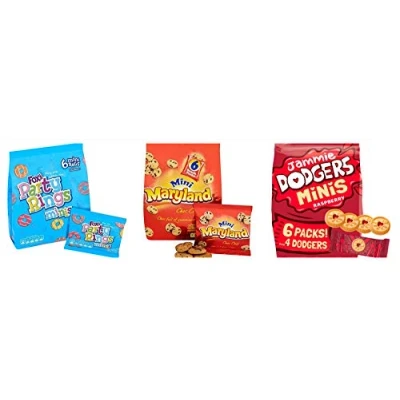 Image of Mini Biscuits Party Selection Pack. Jammie Dodgers, Rings, Maryland Choc Chip Cookies. Eighteen small bags for Kid&#039;s Parties, lunch boxes, Snacks.