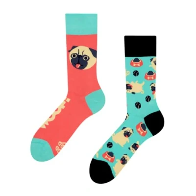 Image of Dedoles Unisex Socks for Women, Men &amp; Kids Cotton Funny Designs Football Bicycle Horses Plants Firefighter Gift Mismatched, Design: Pug Life, Colour: Turquoise, Size: 5 7.5 W / 6 8 M UK