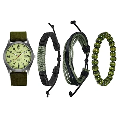 Image of JewelryWe Men&#039;s Military green Dial Nylon Strap Quartz Calendar Wrist Watch Night Vision luminous Wristwatch, for Father&#039;s Day, set, Casual