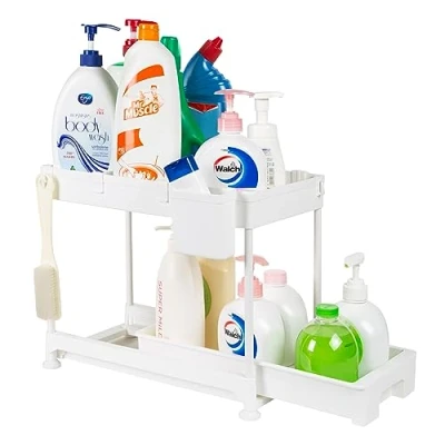 Image of ASAB 2 Tier Under Sink Storage Organiser with Non Slip Foot Hanging Cup Shelf Removable Divider Water Resistant Moistureproof Sliding Cupboard Kitchen