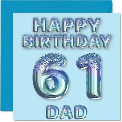 Image of 61st Birthday Card for Dad Blue Glitter Party Balloons Happy Cards 61 Year Old Father from Son Daughter, 145mm x Bday Greeting Gift