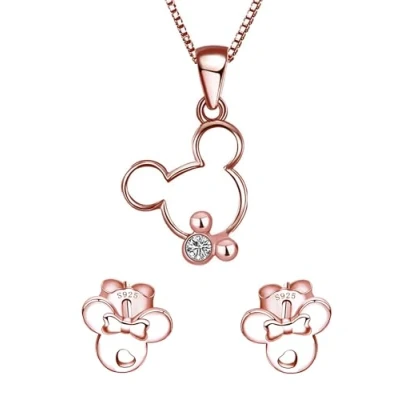 Image of Baobei rose gold plated Sterling Silver clear Zirconia Mickey mouse Necklace and Minnie earrings jewellery sets for women girls, birthday gifts
