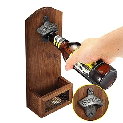 Image of RRMMAN Wall Mounted Bottle Openers,Vintage Wooden Beer Opener,Wall Opener with Cap Catcher Catcher，GIve Bar Gifts for Lovers
