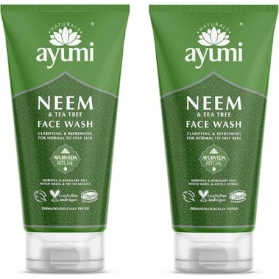 Image of Ayumi Neem &amp; Tea Tree Face Wash, Helps Prevent Breakouts Blemishes, Packed With Organic Oils to Protect the Skin From External Damage 2 x 150ml