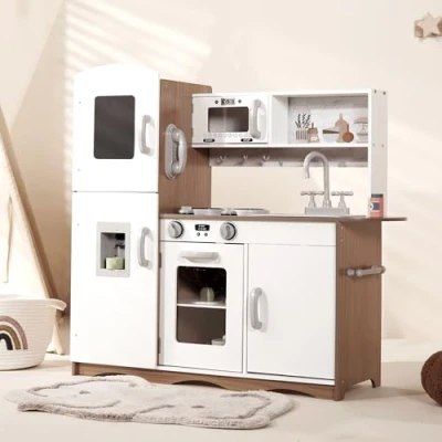 Image of Kidoz Play Kitchen for Kids Children Role Wooden Toy Pretend Toys White/Natural (Kitchen Only)