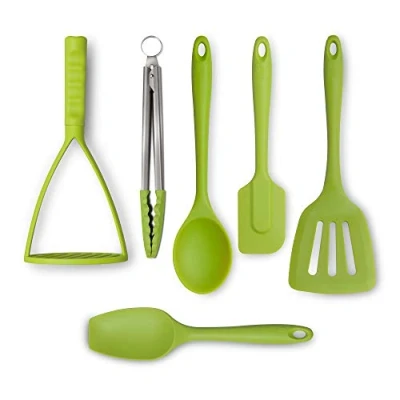 Image of Zeal JSET47L Non Stick Silicone Tongs, Turner, Cooks Spoon, Spatula &amp; Masher 6 Piece Set Lime