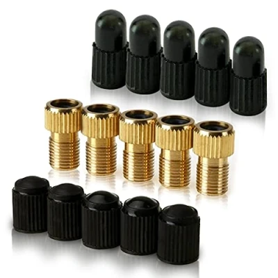 Image of Brass Presta Valve Adaptor (Pack of 5 + 10 Caps) Convert to Schrader for all types Bikes, e and Scooters Inflate Tire Using Standard Pump or Air Compressor by Mobi Lock
