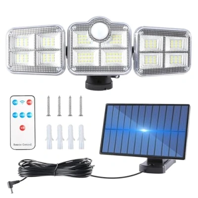 Image of Hobubu Outdoor Solar Lights, 3 Head Adjustable Motion Sensor Security Light with 122 LED, 270 Lighting Angle Range, IP65 Waterproof Lights Remote Control