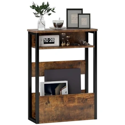 Image of HOMCOM Side Table, Narrow Bedside Table with 2 Storage Shelves, Industrial Sofa End Metal Frame for Living Room, Bedroom, Rustic Brown