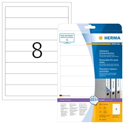 Image of HERMA Self Adhesive Removable Spine Labels, 8 Labels per A4 Sheet, 25 Sheets, 192 x 34 mm, 200 Blank Lever Arch File Folder Stickers, Sticky for Laser &amp; Inkjet Printer, White