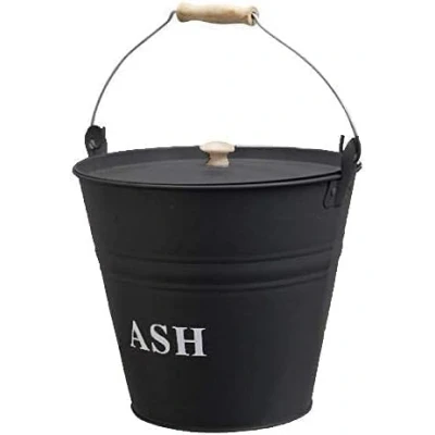 Image of Modern Black 12L Ash Fireside Kindling Bucket with Lid Vintage Style Wood Log Holder Companion Set Fireplace Burner Coal Storage Portable Metal for Accessories