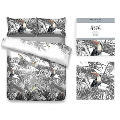 Image of AmeliaHome Averi Toucan 3 Piece Bed Linen 160 x 200 cm with 2 Pillowcases 70 80 100% Cotton Zip Leaves Palm Trees Grey Black White