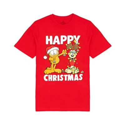 Image of Garfield Christmas T Shirt Mens Adults Red Short Sleeve Festive Top Movie Comic Strip Xmas Gift for Him