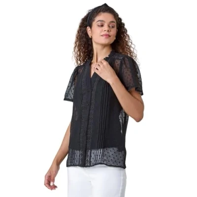 Image of Roman Originals Textured Spot Lace Trim Blouse for Women UK Ladies Everyday Holiday Spring Summer V Neckline Comfy Soft Evening Vacation Work Party Black Size 10