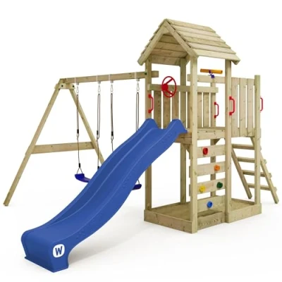 Image of WICKEY wooden climbing frame MultiFlyer with roof, swing set &amp; blue slide, Outdoor kids playhouse sandpit, ladder play accessories for the garden