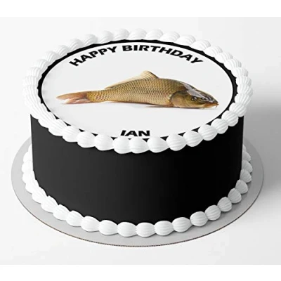 Image of Fishing carp Icing or wafer circle round edible cake topper Personalised (Icing)