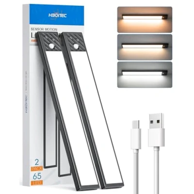 Image of 65 LED Cupboard Lights Motion Sensor, Dimmable Under Stairs Light, 2500mAh Rechargeable Battery Powered Wardrobe Light Wireless Closet for Stair, Kitchen, 3 Color Temperatures, 33.5 cm